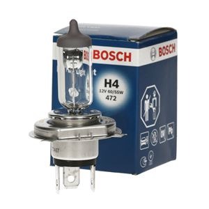 Żarówka samochodowa H4 firmy Bosch na tle pudełka z logo, widoczny numer katalogowy 472 oraz parametry 12V 60/55W.
