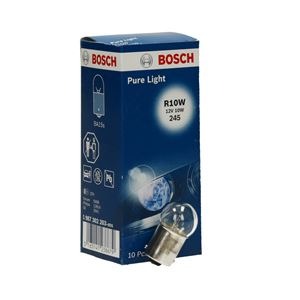 Żarówka samochodowa R10W 12V 10W marki Bosch Pure Light, zapakowana w niebieskie pudełko z logo producenta, widoczna obok pudełka.