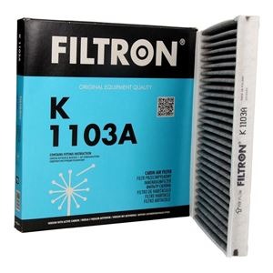 Pudełko filtra kabinowego marki Filtron K1103A z widocznym filtrem obok, na białym tle.