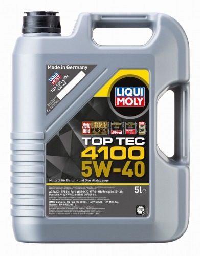 Szara, plastikowa 5-litrowa bańka oleju silnikowego Liqui Moly Top Tec 4100 5W-40, przeznaczona do silników benzynowych i diesla, z widocznymi napisami i logotypami producenta.