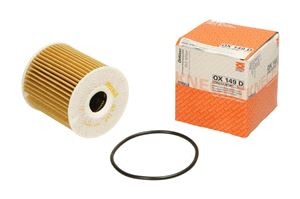 Nowy filtr oleju silnikowego marki Knecht OX 149 D wraz z uszczelką i pudełkiem, widoczne na białym tle.