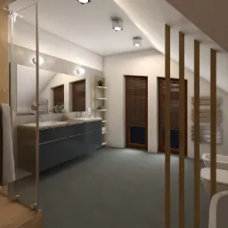 Wizualizacja nowoczesnej łazienki na poddaszu z drewnianymi akcentami, umywalkami nablatowymi, ciemnymi szafkami, kabiną prysznicową typu walk-in i wolnostojącą wanną, widoczną przez ażurowe...