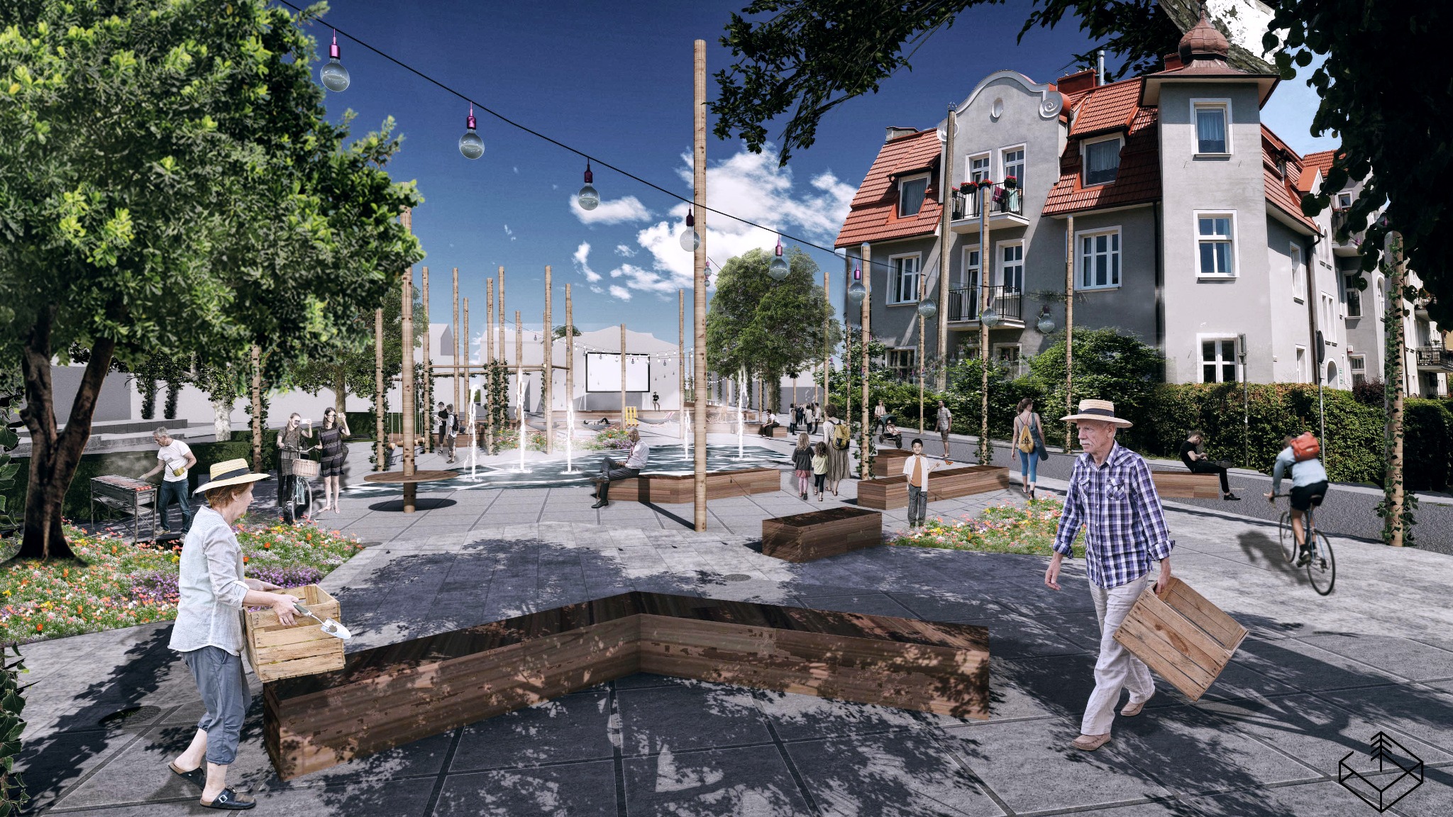 Wizualizacja placu miejskiego z fontanną, drewnianymi siedziskami i pergolami porośniętymi pnączami, oświetlonego sznurem żarówek, z przechodniami i budynkami w tle.