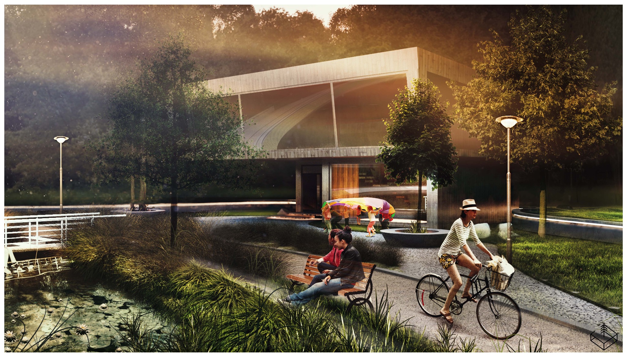 Wizualizacja nowoczesnego budynku z dużym przeszkleniem, otoczonego zielenią, z osobami odpoczywającymi na ławce i kobietą na rowerze, oświetlona lampami parkowymi.