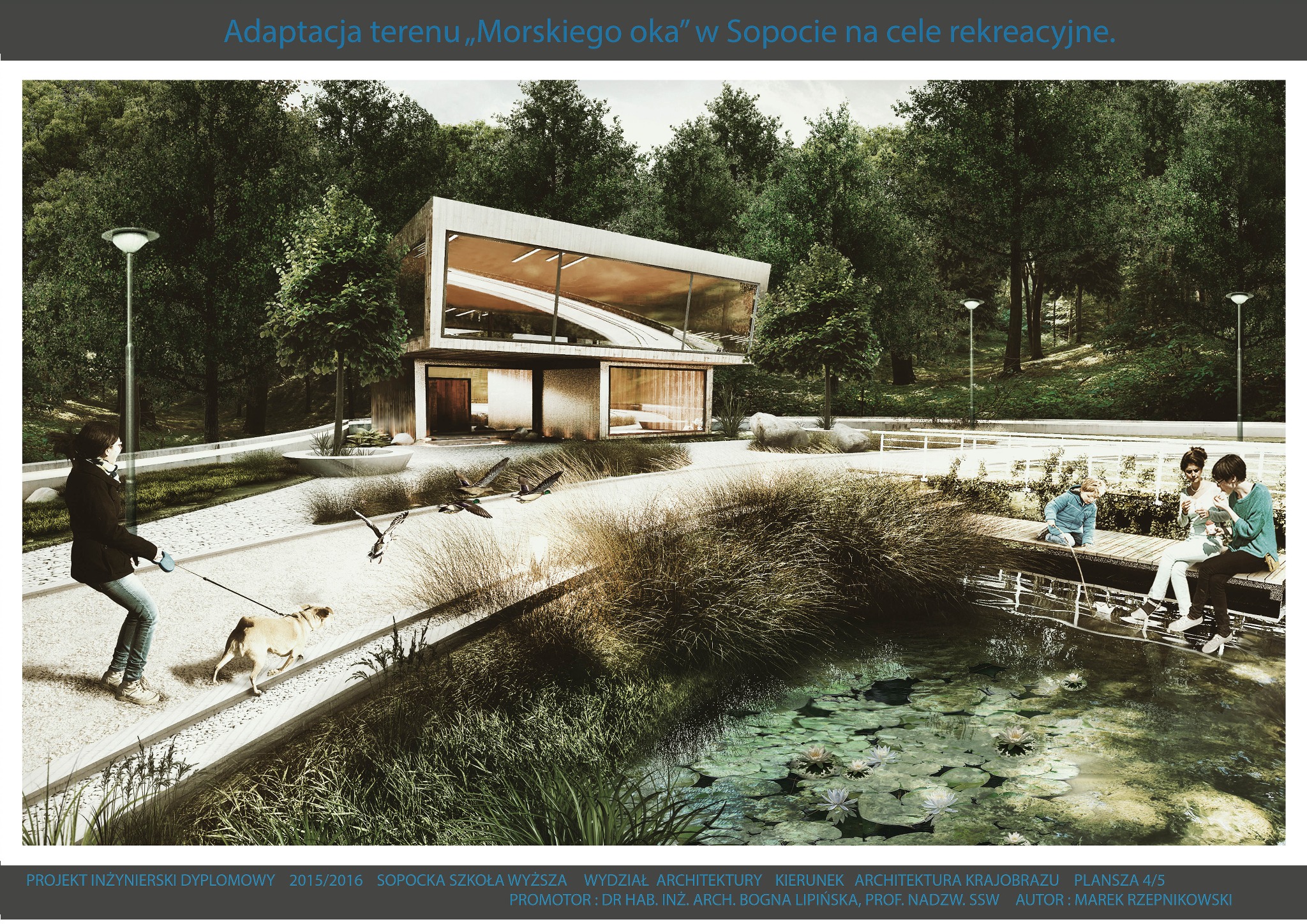 Wizualizacja zagospodarowania terenu rekreacyjnego z nowoczesnym budynkiem, ścieżką spacerową, stawem z liliami wodnymi i osobami odpoczywającymi na pomoście.