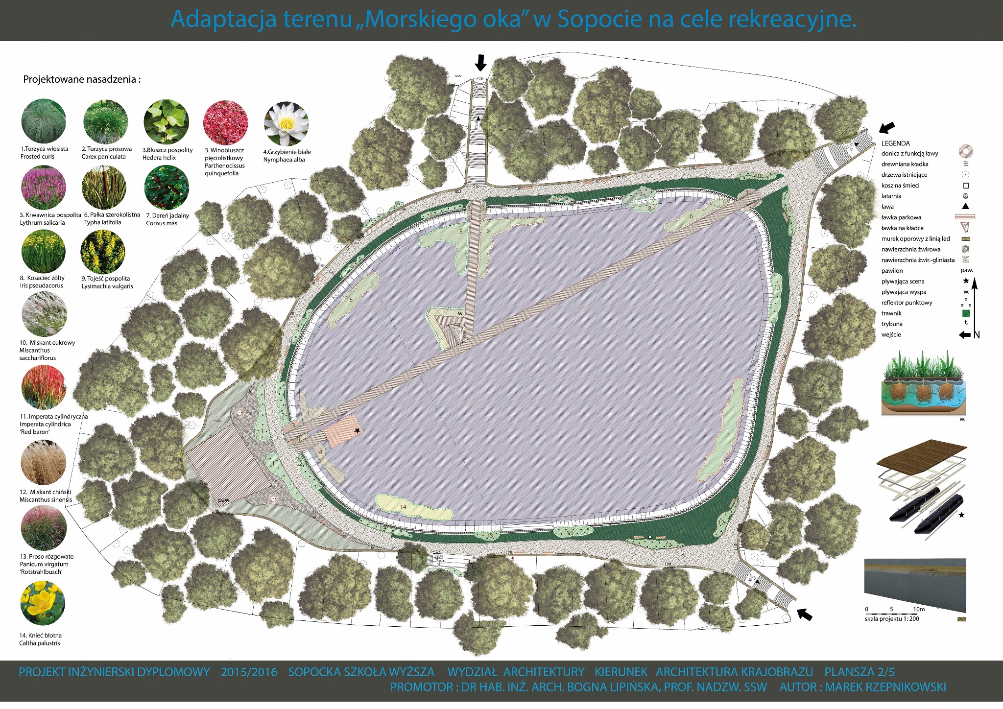 Plan zagospodarowania terenu rekreacyjnego 'Morskie Oko' w Sopocie, z uwzględnieniem projektowanych nasadzeń roślin, legendą i skalą projektu.