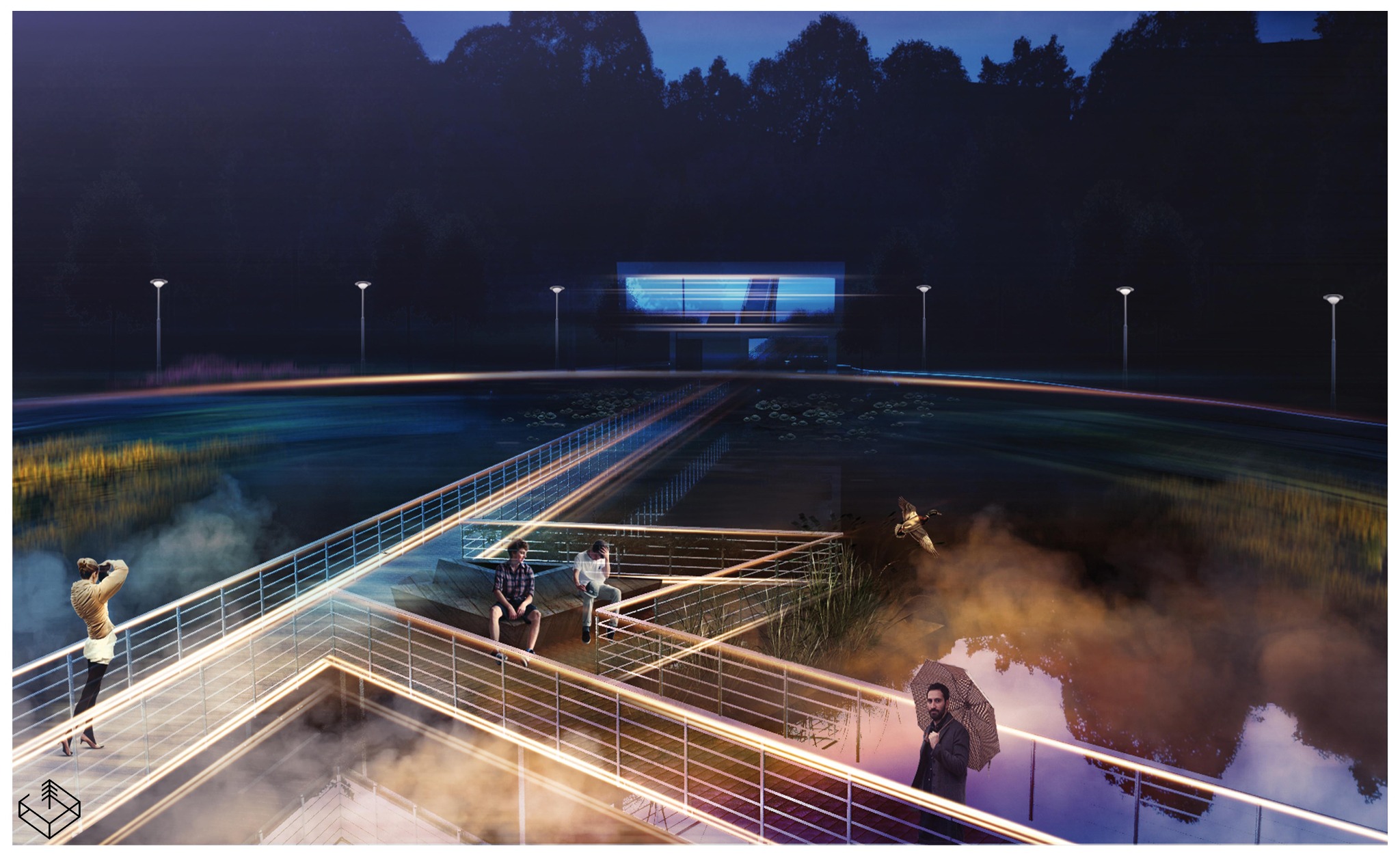 Wizualizacja oświetlonego pomostu nad jeziorem z osobami siedzącymi i spacerującymi, w tle nowoczesny budynek z dużymi oknami i lampy oświetlające teren.