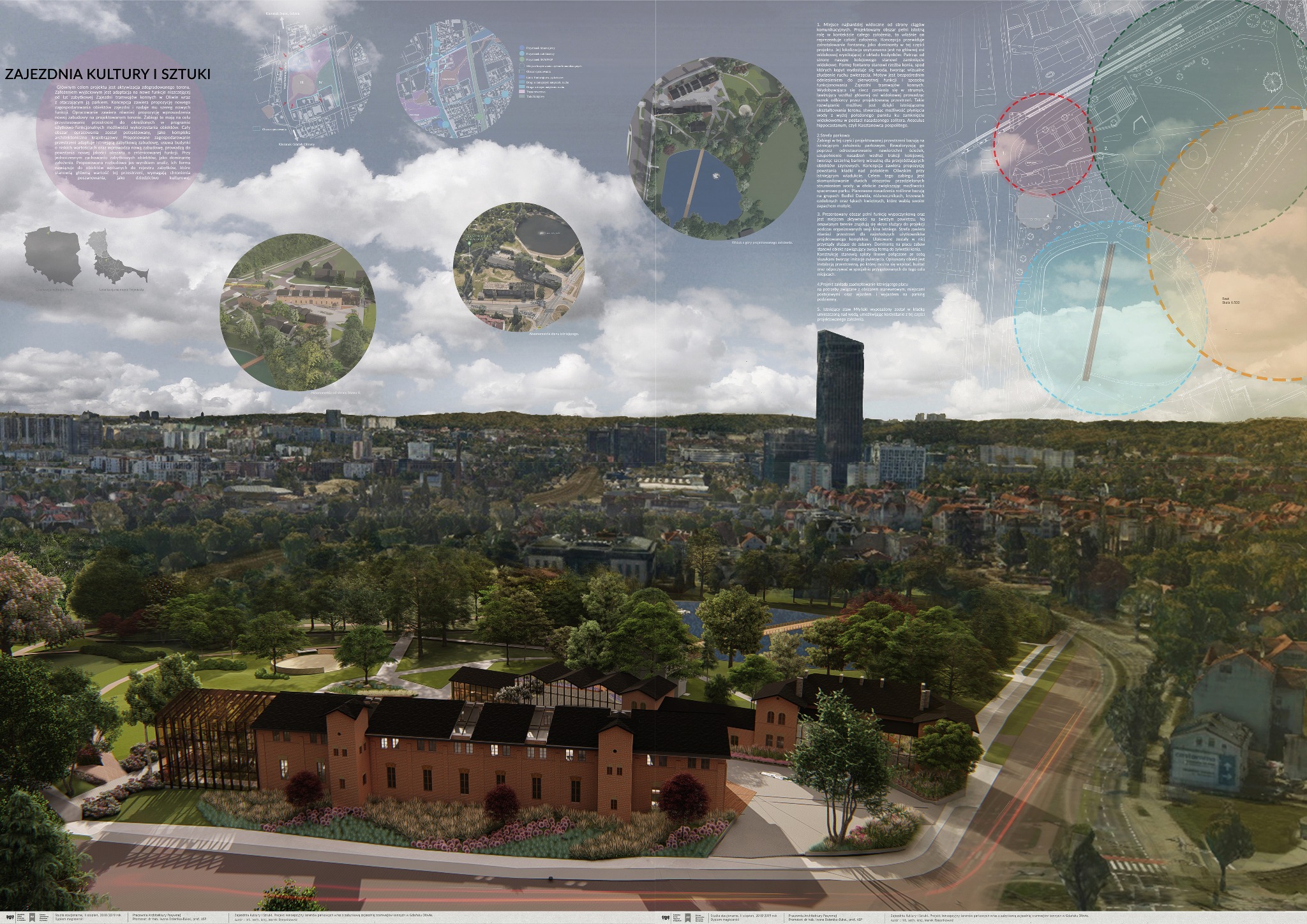 Wizualizacja architektoniczna zagospodarowania terenu z budynkami, parkiem i elementami infrastruktury miejskiej, przedstawiona na planszy z opisami.