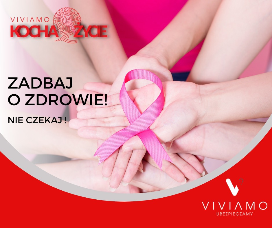 Grupa osób trzymających się za ręce, na wierzchu różowa wstążka symbolizująca walkę z rakiem piersi, w tle logo firmy Viviamo z hasłem 'Kocham życie', apel o dbanie o zdrowie.