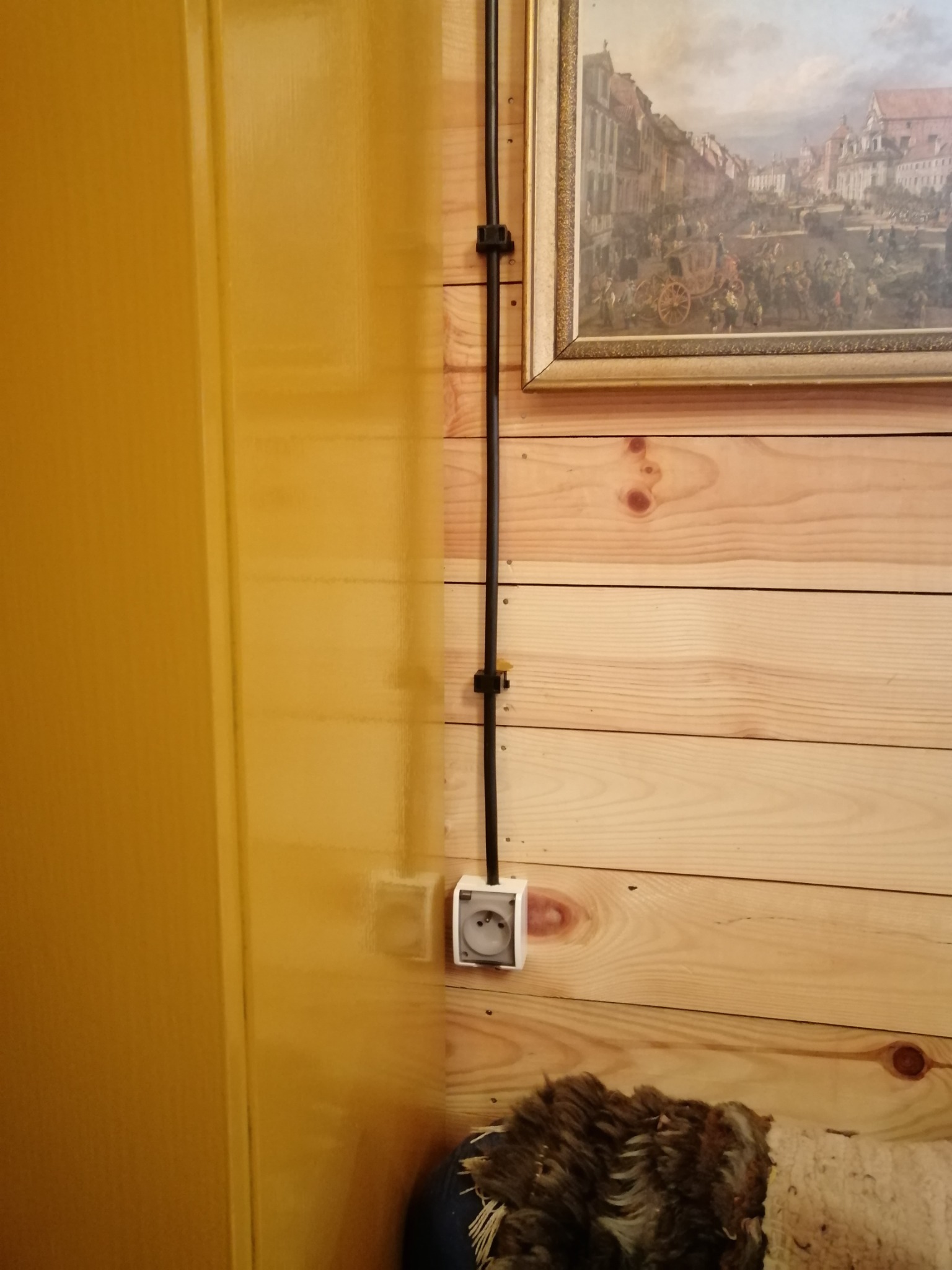 Gniazdko elektryczne natynkowe z kablem przymocowanym do ściany z boazerii drewnianej, nad nim wisi obraz w złotej ramie.