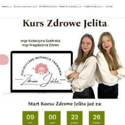 Strona internetowa kursu online 'Zdrowe Jelita' z wizerunkiem dwóch prowadzących, licznikiem czasu do rozpoczęcia kursu i logo przedstawiającym jelito z uśmiechem.