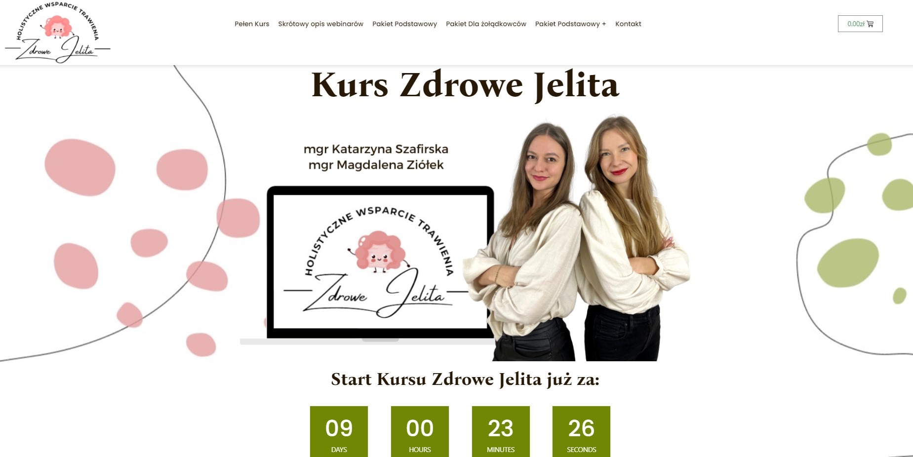Strona internetowa kursu online 'Zdrowe Jelita' z wizerunkiem dwóch prowadzących, licznikiem czasu do rozpoczęcia kursu i logo przedstawiającym jelito z uśmiechem.