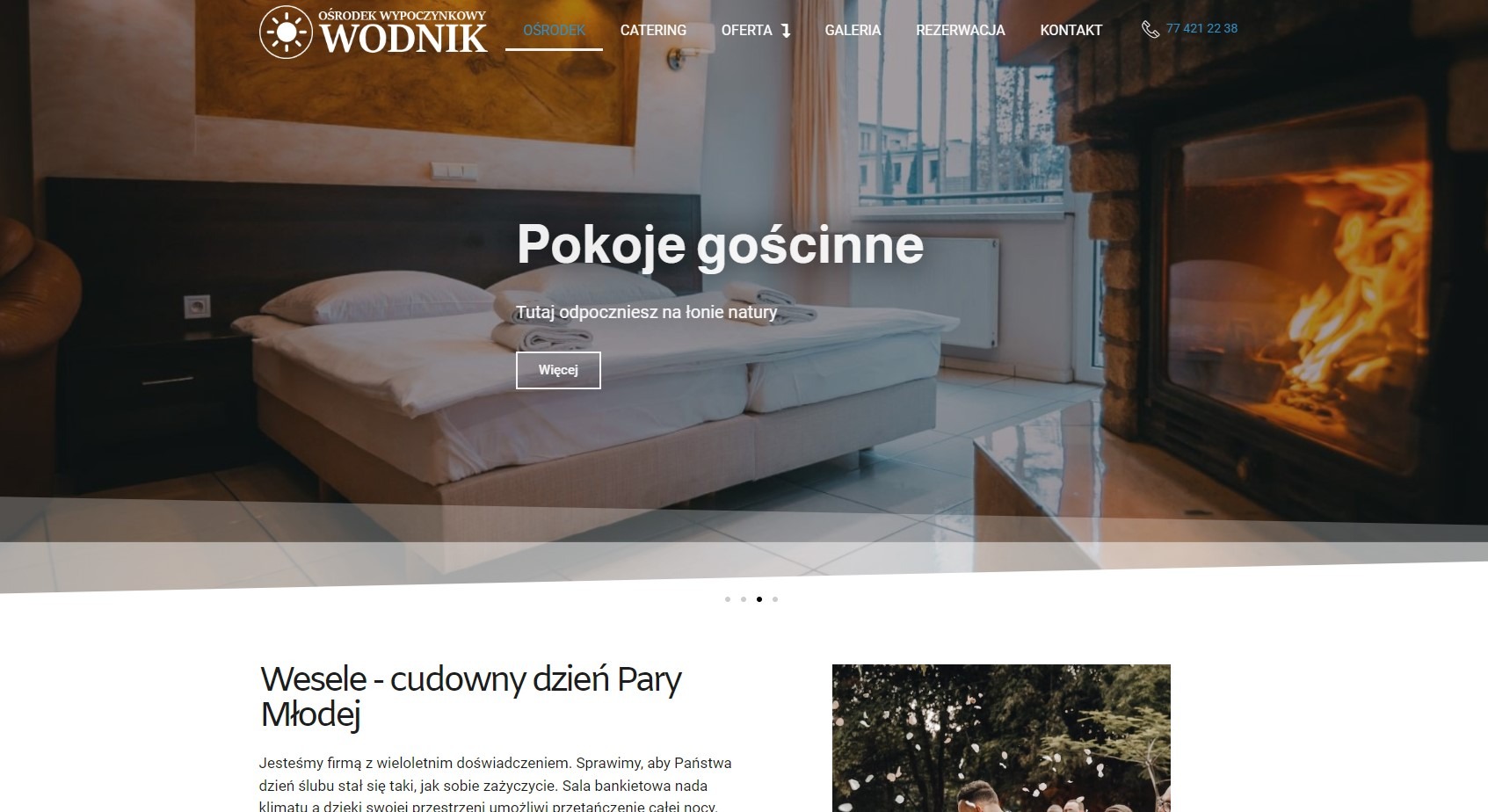 Strona internetowa ośrodka wypoczynkowego z pokojami gościnnymi, widok na łóżko i kominek, logo Wodnik w lewym górnym rogu.