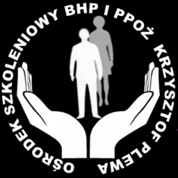 Grafika przedstawiająca logo firmy: Dwie dłonie podtrzymujące sylwetki kobiety i mężczyzny, otoczone napisem 'Ośrodek Szkoleniowy BHP i PPOŻ Krzysztof Plewa' na czarnym tle.