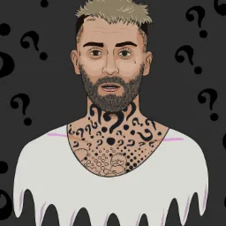 Ilustracja portretowa mężczyzny z brodą i licznymi tatuażami na szyi i czole, otoczonego znakami zapytania na ciemnoszarym tle.