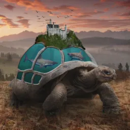 Fotorealistyczna wizualizacja: Żółw olbrzymi z akwarium zawierającym rekiny i zamkiem na grzbiecie, na tle górskiego krajobrazu o zmierzchu.