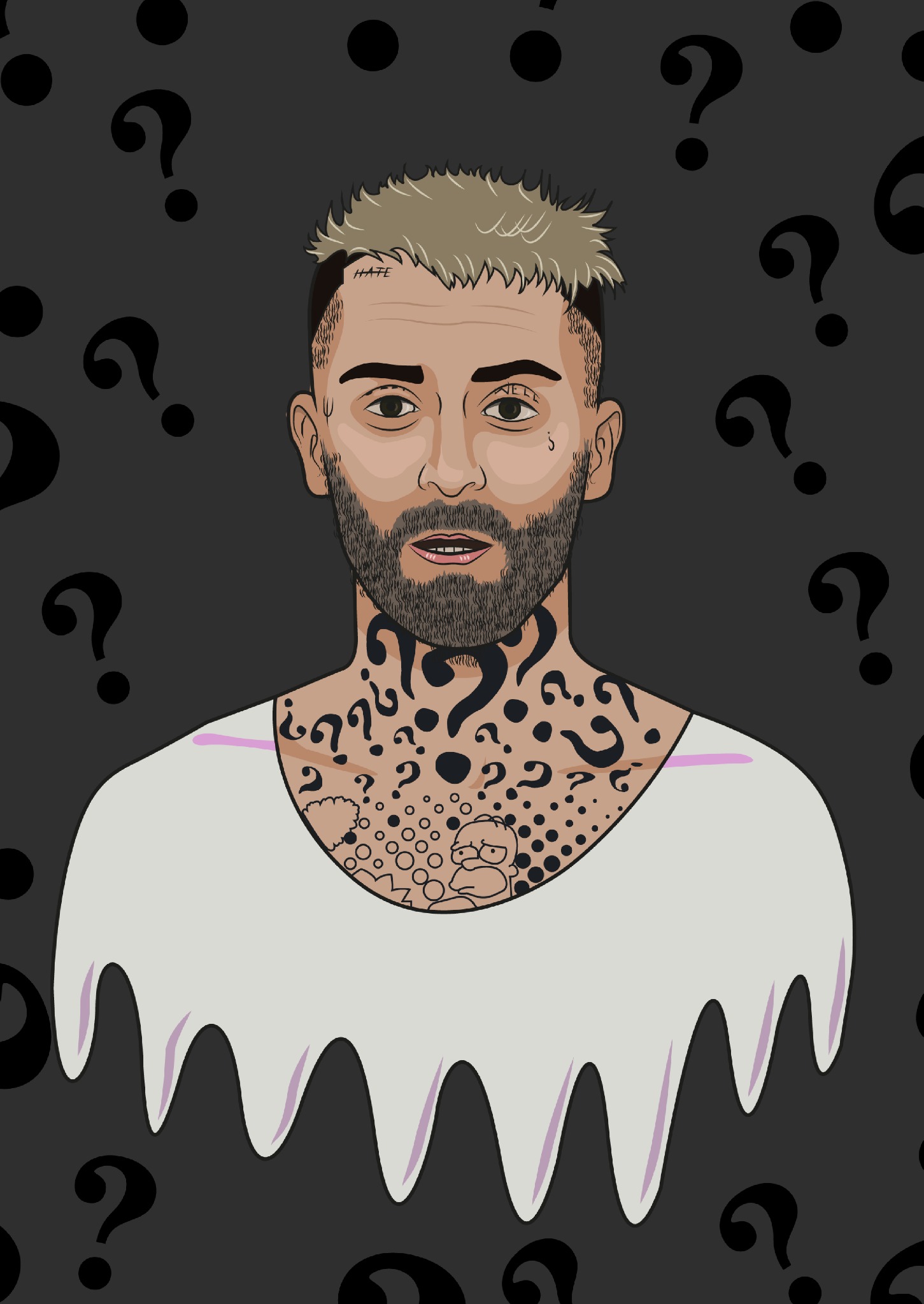 Ilustracja portretowa mężczyzny z brodą i licznymi tatuażami na szyi i czole, otoczonego znakami zapytania na ciemnoszarym tle.