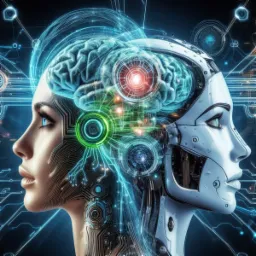 Profil kobiety z twarzą częściowo zastąpioną przez elementy elektroniczne i mechaniczną konstrukcję, z widocznym mózgiem i połączeniami świetlnymi.