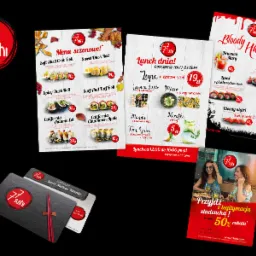 Zestawienie materiałów reklamowych restauracji sushi: menu sezonowe, lunch dnia, oferta Halloween, karta stałego klienta i promocja studencka.