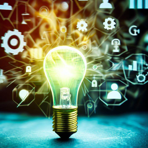 Świecąca żarówka z ikonami internetowymi w tle, symbolizująca innowacyjne pomysły i rozwiązania biznesowe.