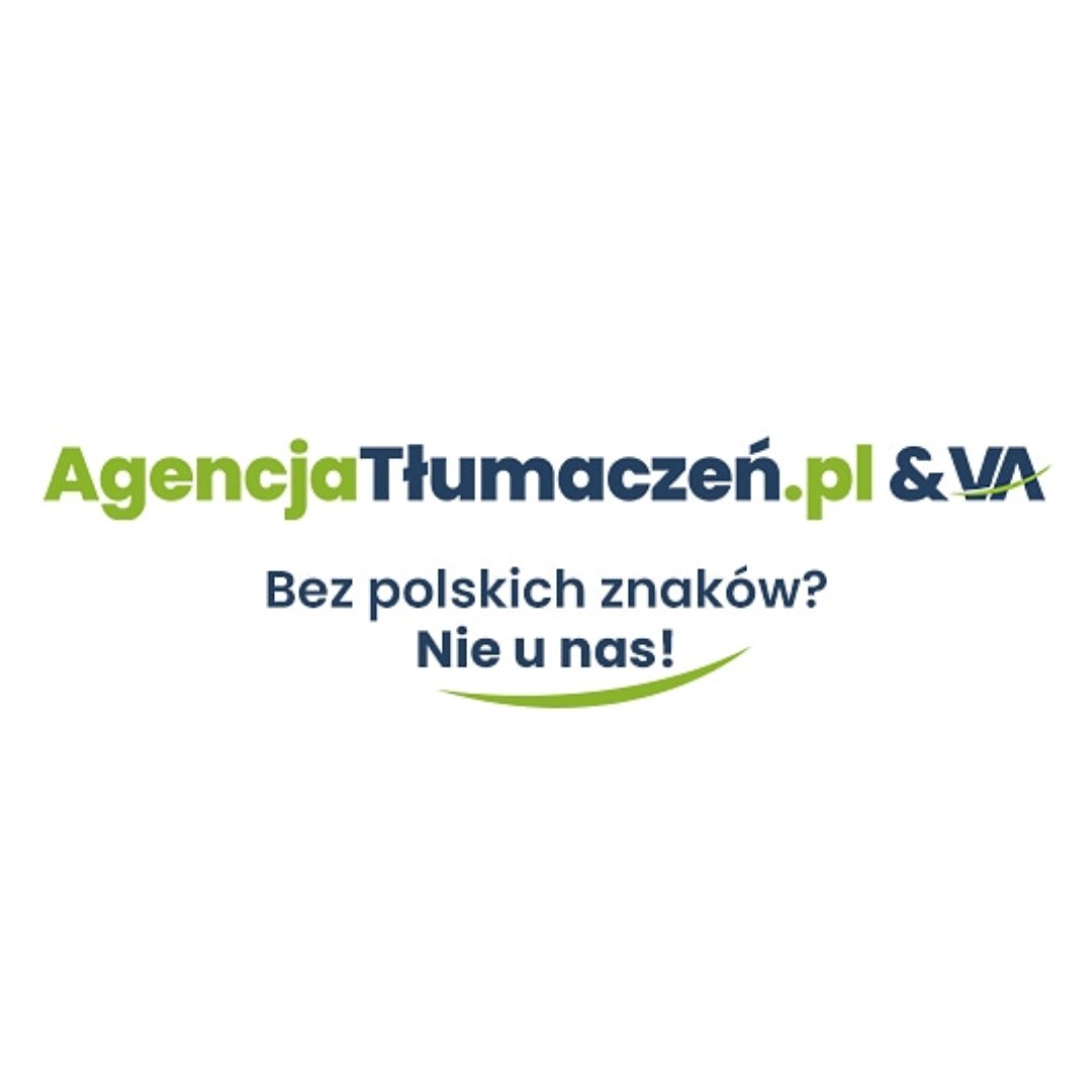 Logo Agencji Tłumaczeń.pl & VA z hasłem 'Bez polskich znaków? Nie u nas!'