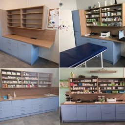 MPL Meble na wymiar - Niebieskie meble na wymiar w gabinecie weterynaryjnym: szafki, półki z lekami, blat roboczy. Widoczne wyposażenie medyczne i biurowe. Całość utrzymana w jasnej kolorystyce.