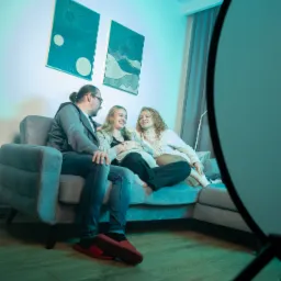 Kamerzysta filmuje scenę z udziałem dwóch młodych kobiet i mężczyzny siedzących na szarej kanapie w pokoju z turkusowym oświetleniem i abstrakcyjnymi obrazami na ścianie. Widoczny fragment blendy...