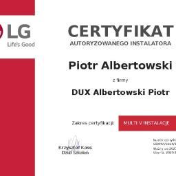 Certyfikat autoryzowanego instalatora komercyjnych urządzeń klimatyzacyjnych marki LG.