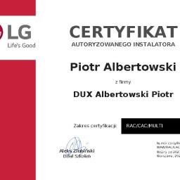 Certyfikat autoryzowanego instalatora urządzeń klimatyzacyjnych marki LG.