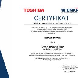 Certyfikat autoryzowanego instalatora urządzeń klimatyzacyjnych Toshiba.
