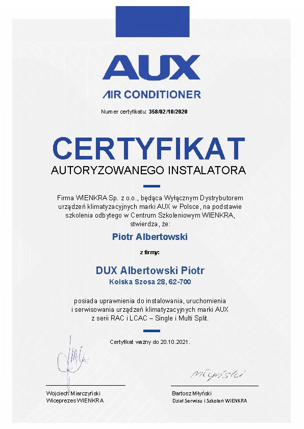 Akredytacja do instalowania, uruchamiania i serwisowania klimatyzacji marki AUX.