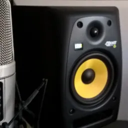 Mikrofon pojemnościowy z regulacją czułości obok czarnego monitora studyjnego z żółtą membraną na tle akustycznej ściany.