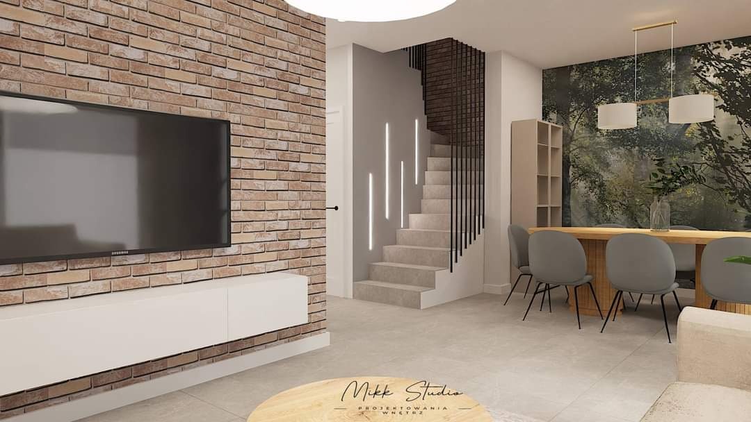 Wizualizacja salonu z ceglaną ścianą, telewizorem, schodami z podświetleniem LED i jadalnią z tapetą w motywie leśnym.