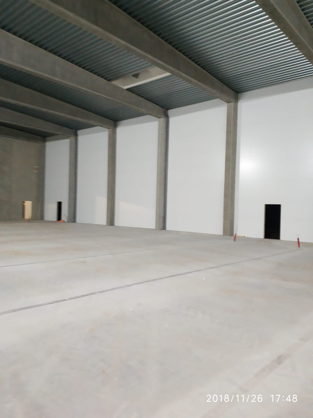Wnętrze nowo wybudowanej hali z betonową podłogą, szarymi betonowymi słupami nośnymi i białymi panelami ściennymi, widoczne otwory drzwiowe i metalowa konstrukcja dachu.