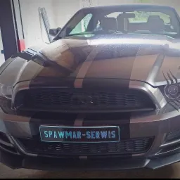 Przód szarego Forda Mustanga z czarnymi pasami i naklejkami imitującymi ślady pazurów, tabliczka z nazwą 'SPAWMAR-SERWIS' umieszczona na grillu