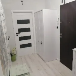 Jasne panele podłogowe w przedpokoju z białymi ścianami, białą szafą i drzwiami z czarnymi akcentami, uzupełnione zielonymi pufami i dekoracją roślinną.