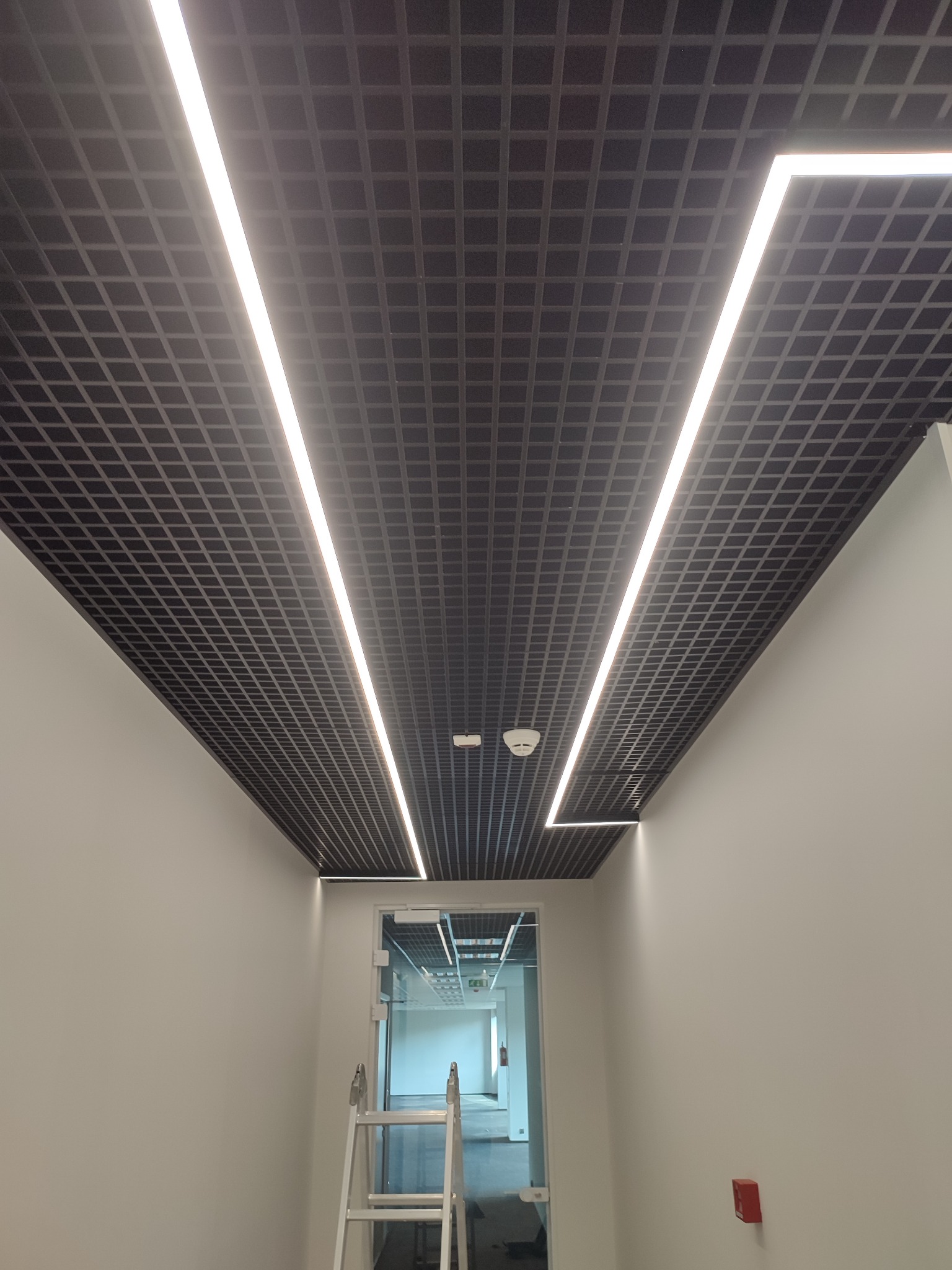 Sufit rastrowy z liniowym oświetleniem LED w biurowym korytarzu, widoczna drabina aluminiowa przy szklanych drzwiach.