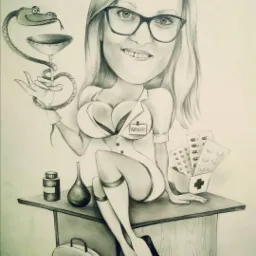 Ręcznie rysowana karykatura kobiety w stroju pielęgniarki, z symbolem medycyny (wąż owinięty wokół czary), na tle apteczki i leków, wykonana przez artystę z Poznania.