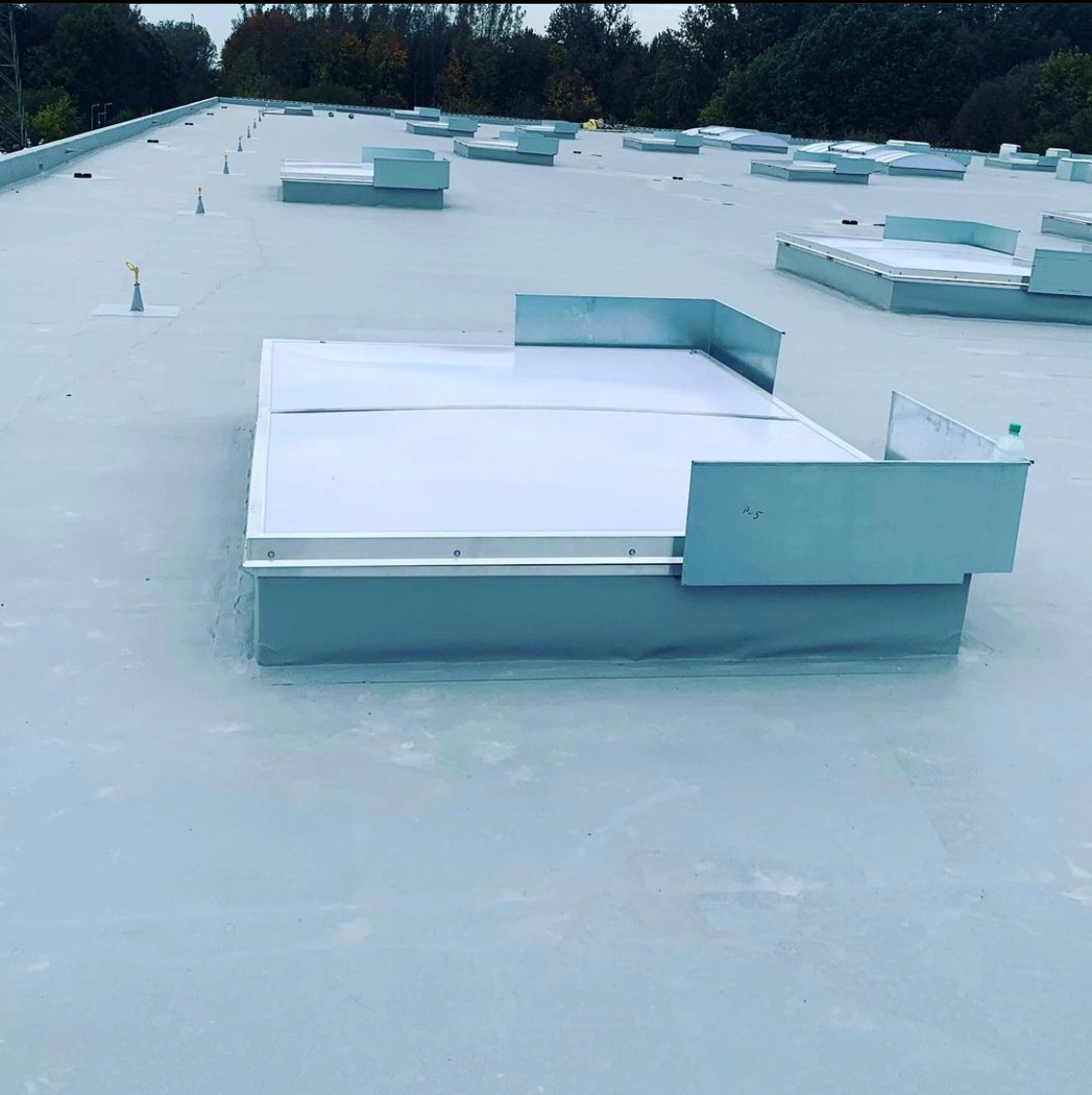 Płaski dach pokryty jasnoszarą membraną z zamontowanymi świetlikami dachowymi z metalowymi osłonami, widoczne drzewa w tle.