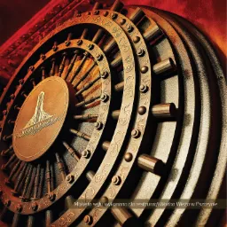 Metalowa makieta drzwi sejfu z dekoracyjnymi elementami i logo restauracji Wodna Wieża, oświetlona czerwonym światłem.