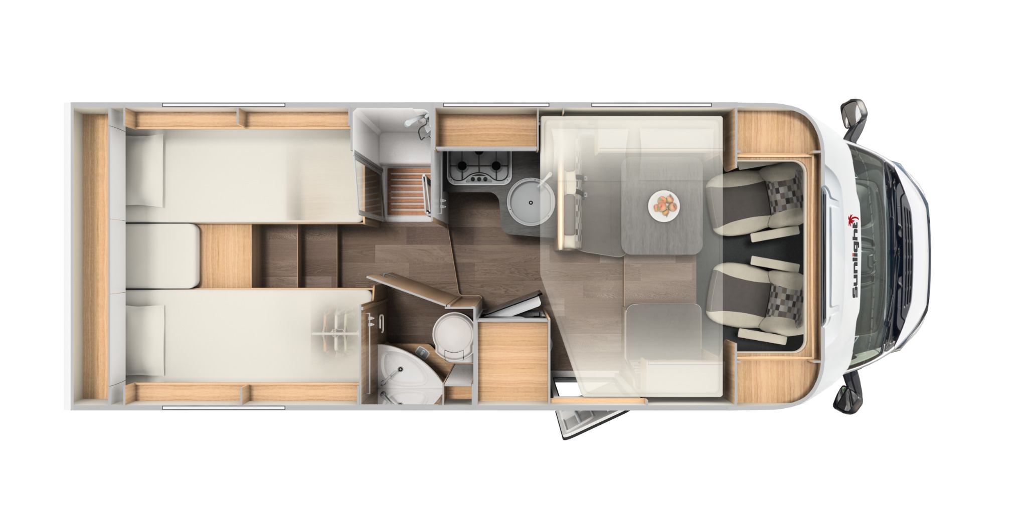 Plan wnętrza kampera Sunlight z Warszawy, widok z góry, ukazujący układ łóżek, kuchni, łazienki i salonu z jadalnią.