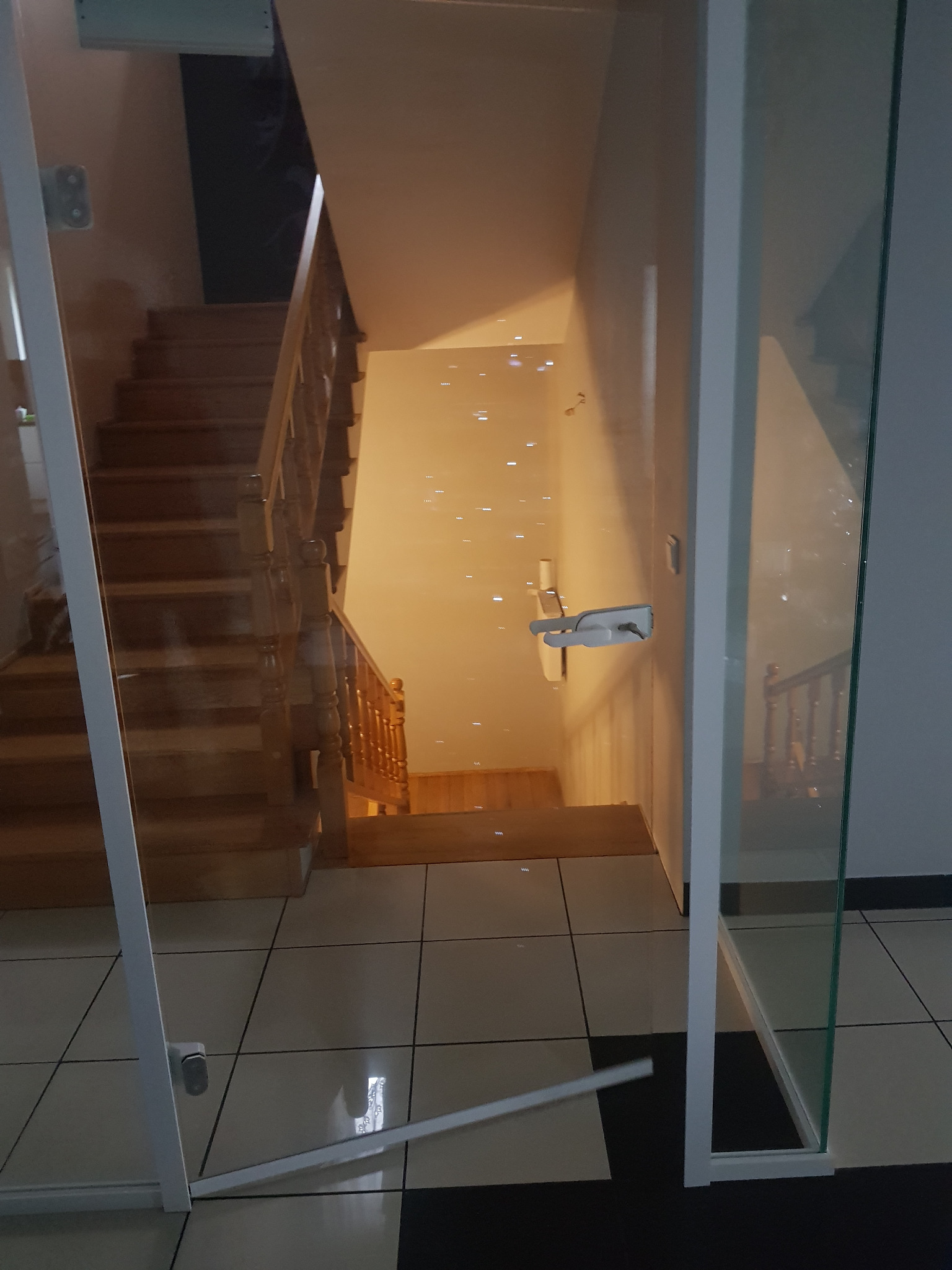 Widok na drewniane schody przez otwarte szklane drzwi z białymi ramami, widoczne drobne plamki na szkle, kafelki na podłodze.