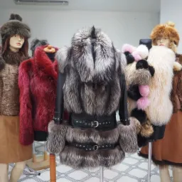 Ekspozycja w sklepie z futrami: manekiny prezentują różnorodne futra i czapki, od rudych po srebrzyste, niektóre z dodatkiem pomponów, na tle jasnej ściany i wzorzystej podłogi.
