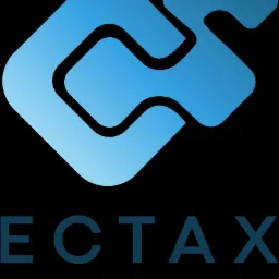 Niebieskie logo firmy Ectax Biuro Rachunkowe na czarnym tle.