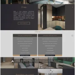 Fragment strony internetowej firmy z Częstochowy, prezentujący aranżację wnętrza: jadalnia z drewnianym stołem i krzesłami w odcieniach zieleni, szara sofa i abstrakcyjny obraz na ścianie.