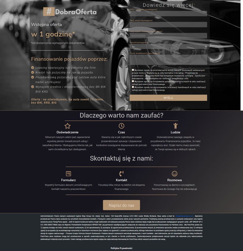 Strona internetowa oferująca finansowanie pojazdów z formularzem kontaktowym, logo #DobraOferta w lewym górnym rogu, zdjęcie fragmentu samochodu w tle.