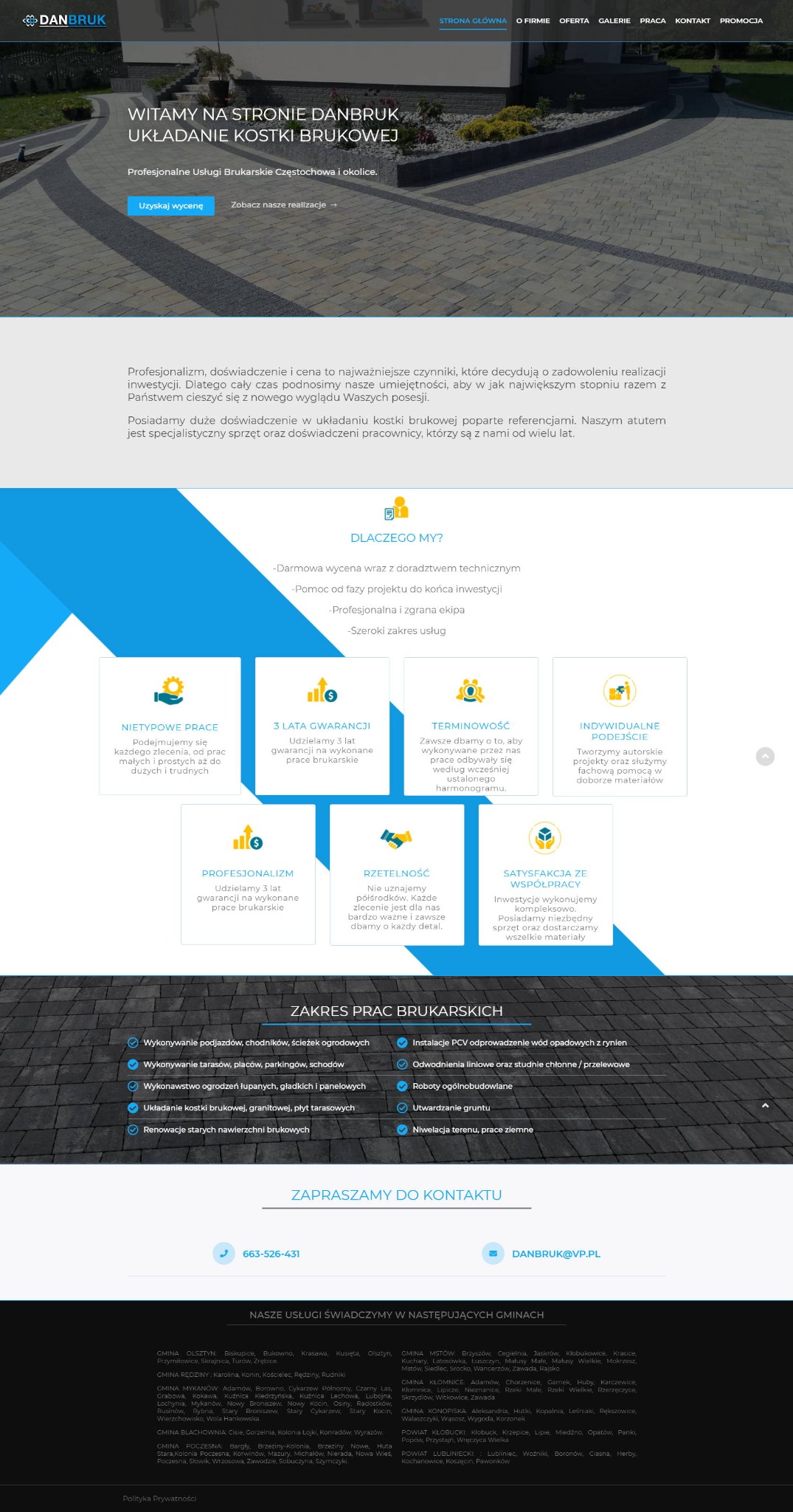 Strona internetowa firmy brukarskiej Danbruk z Częstochowy, prezentująca ofertę układania kostki brukowej, z widocznym fragmentem realizacji z kostki brukowej w tle.