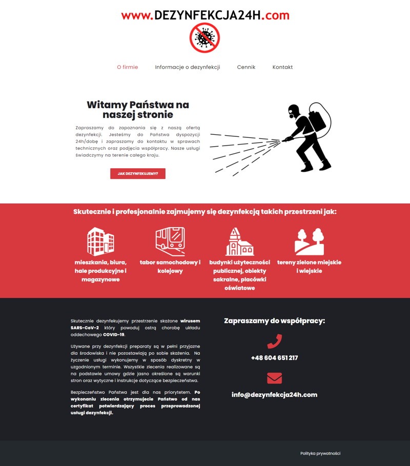 Strona internetowa firmy oferującej usługi dezynfekcji, z grafiką przedstawiającą osobę w kombinezonie dezynfekującą przestrzeń.