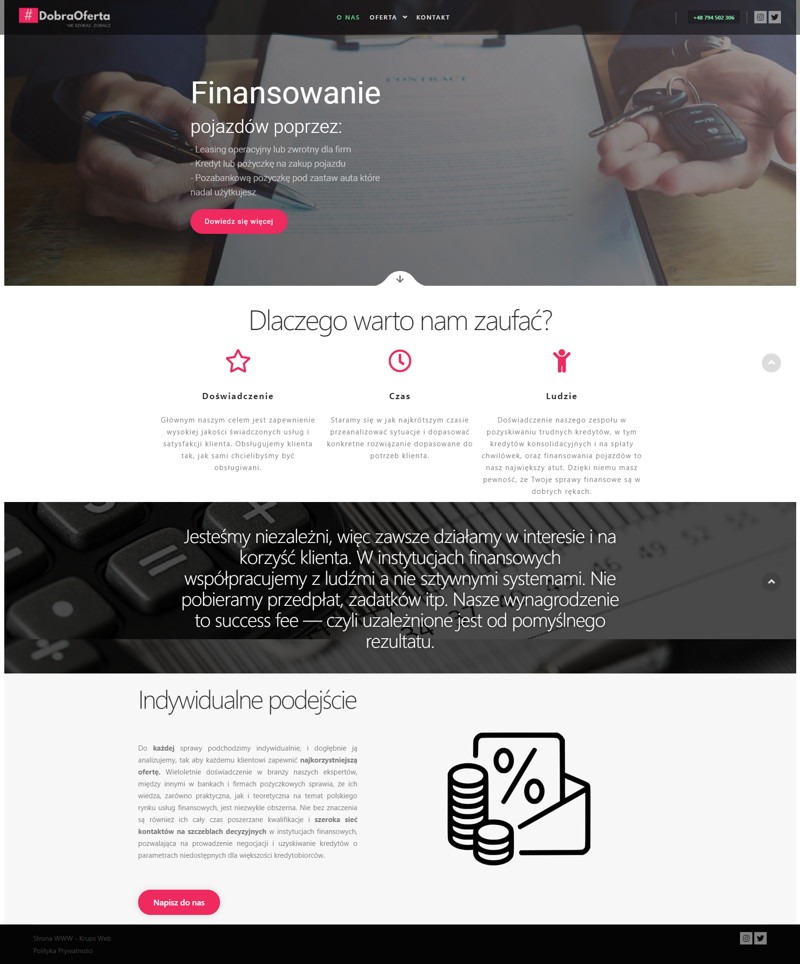 Strona internetowa firmy oferującej finansowanie pojazdów, z nagłówkiem 'Finansowanie pojazdów poprzez: leasing, kredyt, pożyczkę', kluczyki samochodowe na umowie w tle.