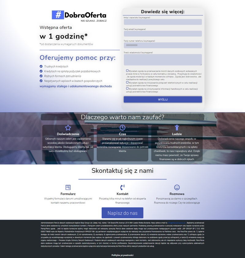 Landing page firmy oferującej pomoc w uzyskaniu kredytów, z formularzem kontaktowym i informacjami o doświadczeniu, czasie reakcji i zespole ekspertów.